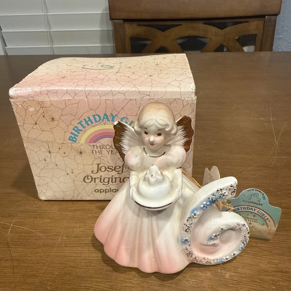 Josef Originals Birthday Girl Angel Figurine Age 6 Pink Dress Holding Cake IOB